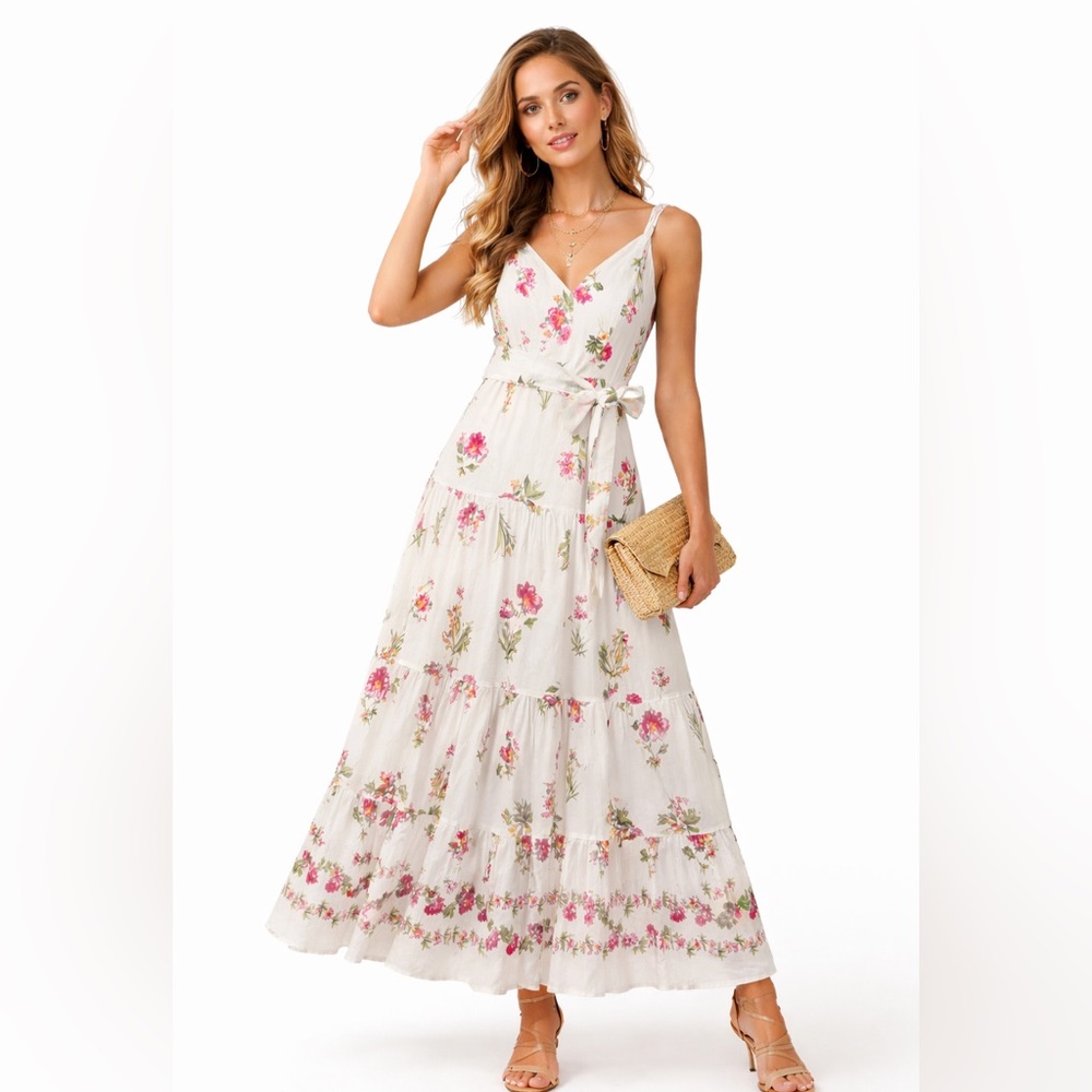 Cottagecore Floral Maxi Dress TAYLOR White‎ Pink Tiered Garden Party Summer 6